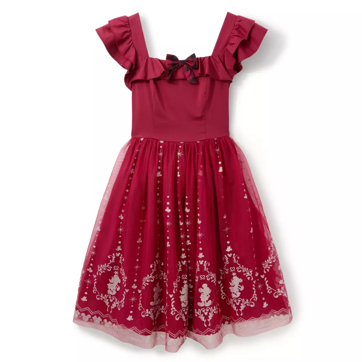 Sleeveless red dress with ruffled straps, chest bow, and ornate embroidered tulle skirt—evoking Disney princess style.