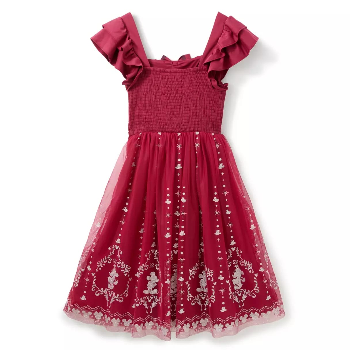 Sleeveless burgundy dress with ruffled shoulders, embroidered tulle skirt, white floral and Disney character designs reminiscent of park style.