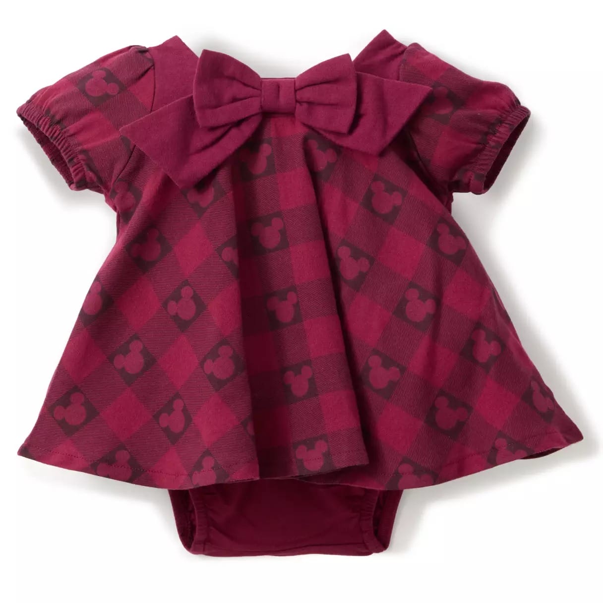 Burgundy baby dress with puff sleeves, a big bow, and checkered Mickey Mouse pattern reminiscent of classic Disney park styles.