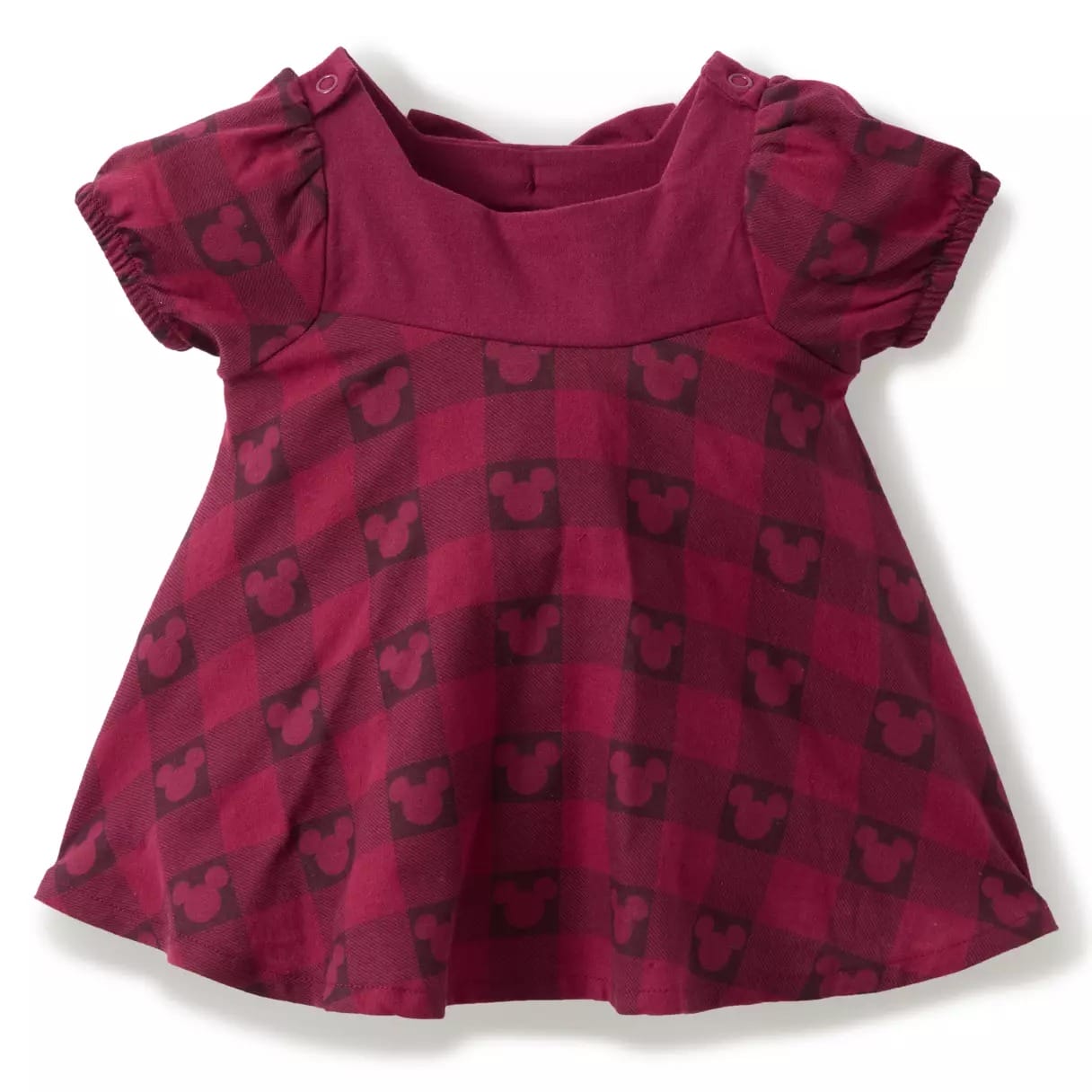 Maroon and dark red plaid baby dress with short puff sleeves, featuring a classic Mickey Mouse head print perfect for Disney Parks.