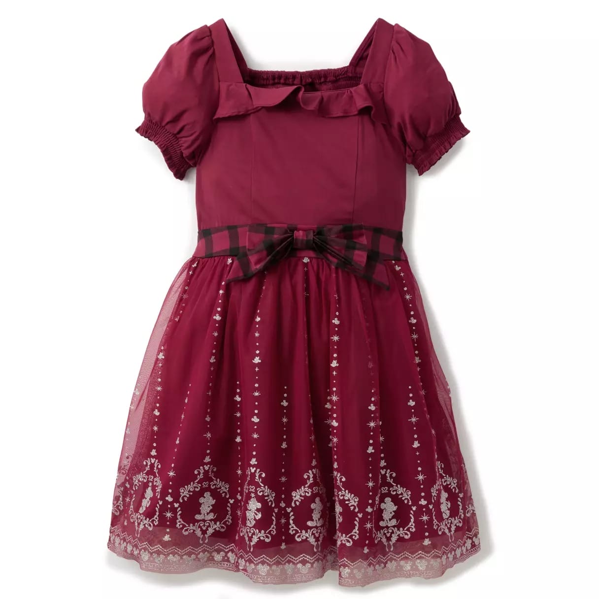 Burgundy short-sleeved dress with plaid bow, ruffled collar, and sheer embroidered skirt overlay, evoking Disney park elegance.