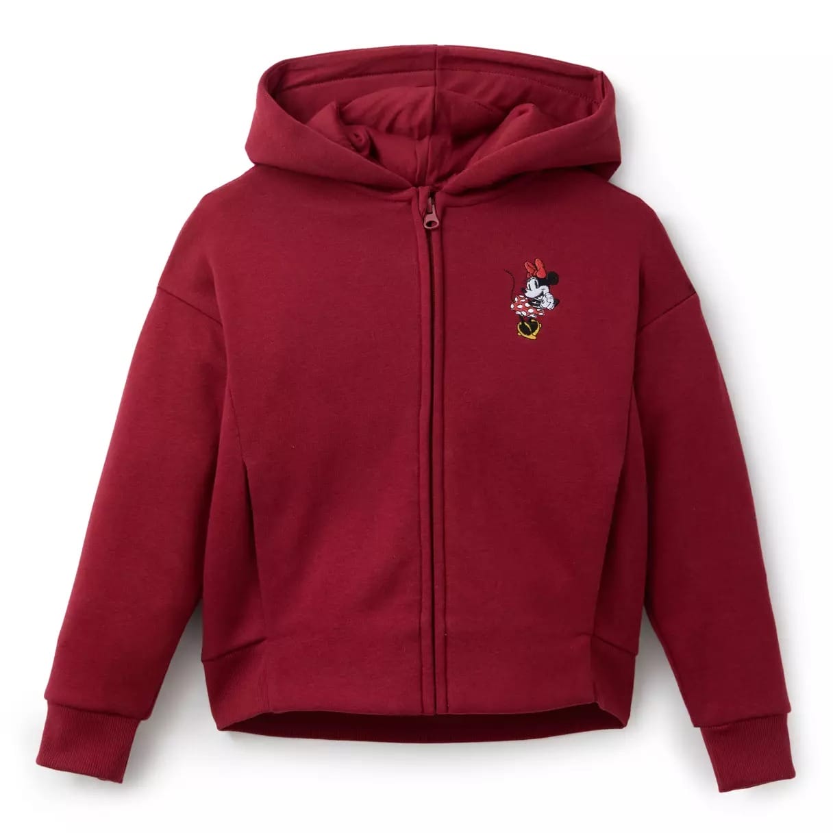 Maroon zip-up hoodie featuring a subtle Minnie Mouse embroidery, reminiscent of park merch, shown on a white background.