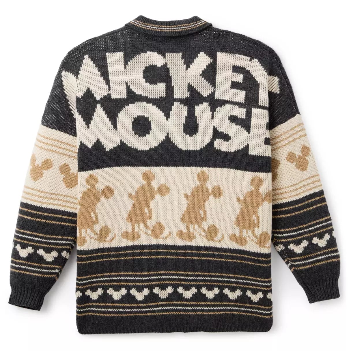 Black, cream, and tan sweater with "Mickey Mouse" text and Mickey Mouse silhouettes in various walking poses.