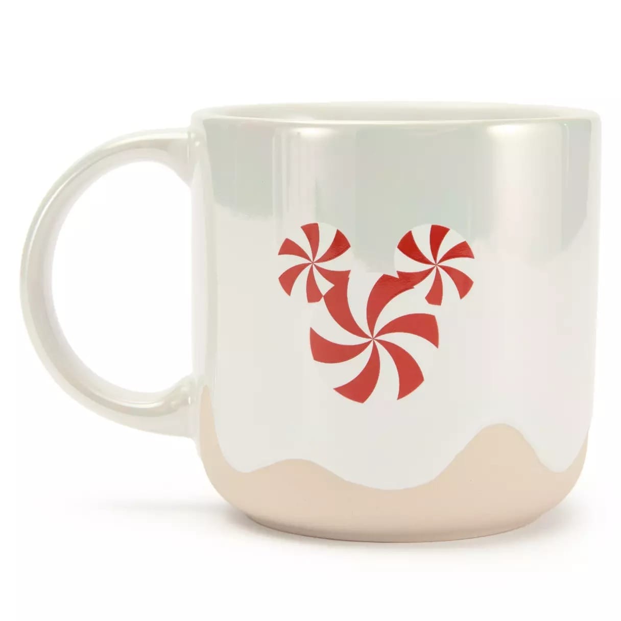 White mug with a red peppermint swirl design shaped like Mickey Mouse on the front and a large handle on the left.