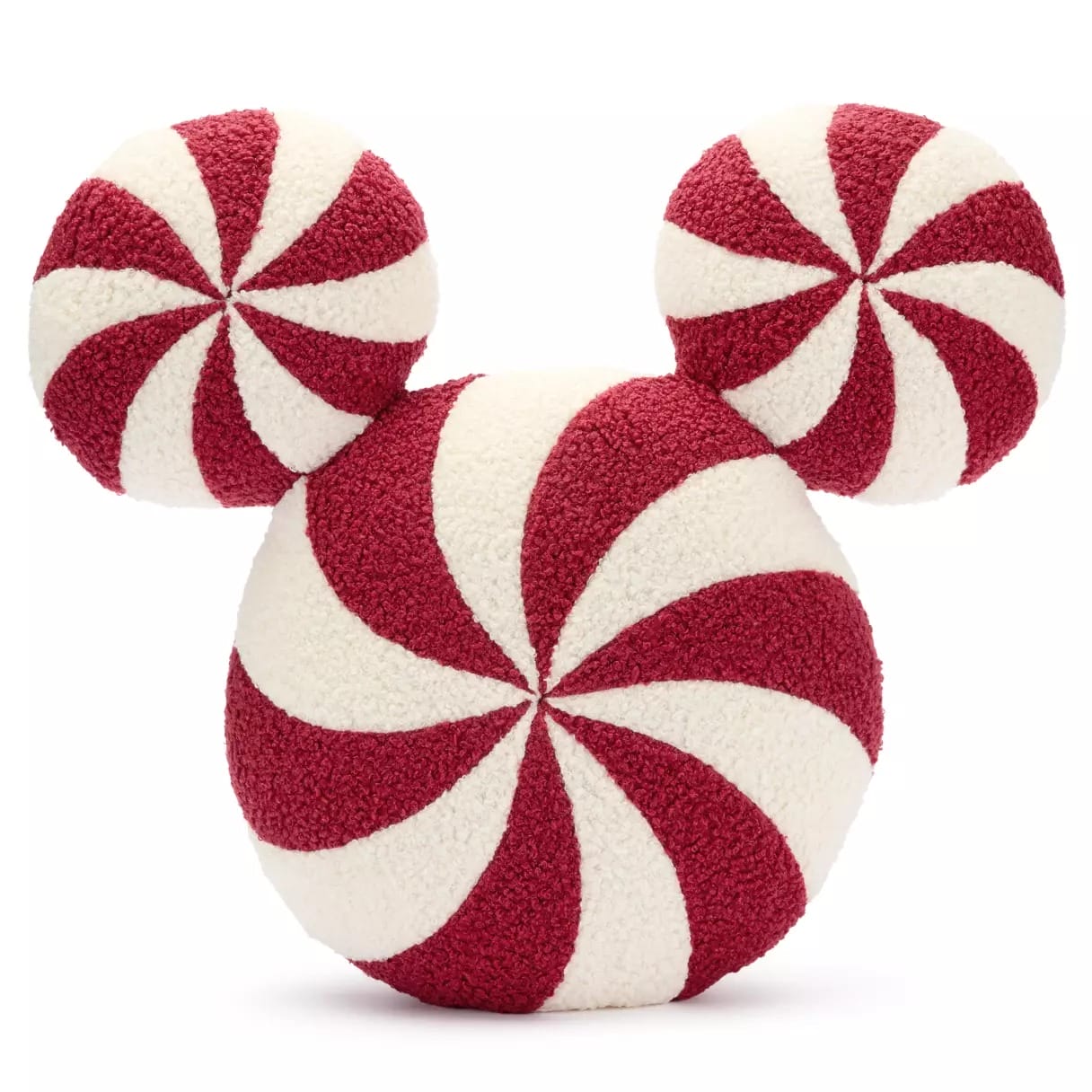 A plush pillow shaped like Mickey Mouse, with red and white peppermint swirl patterns on each circular section.
