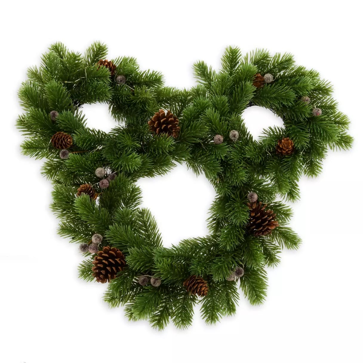 Green wreath shaped like Mickey Mouse with pinecones and needles, on a white background.