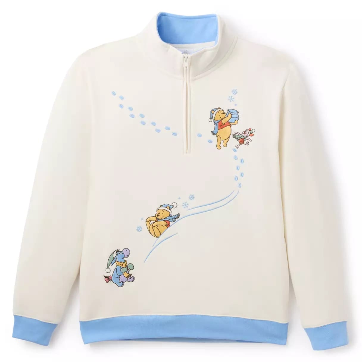 Cream pullover with blue trim featuring Winnie the Pooh characters sledding and playing in the snow.