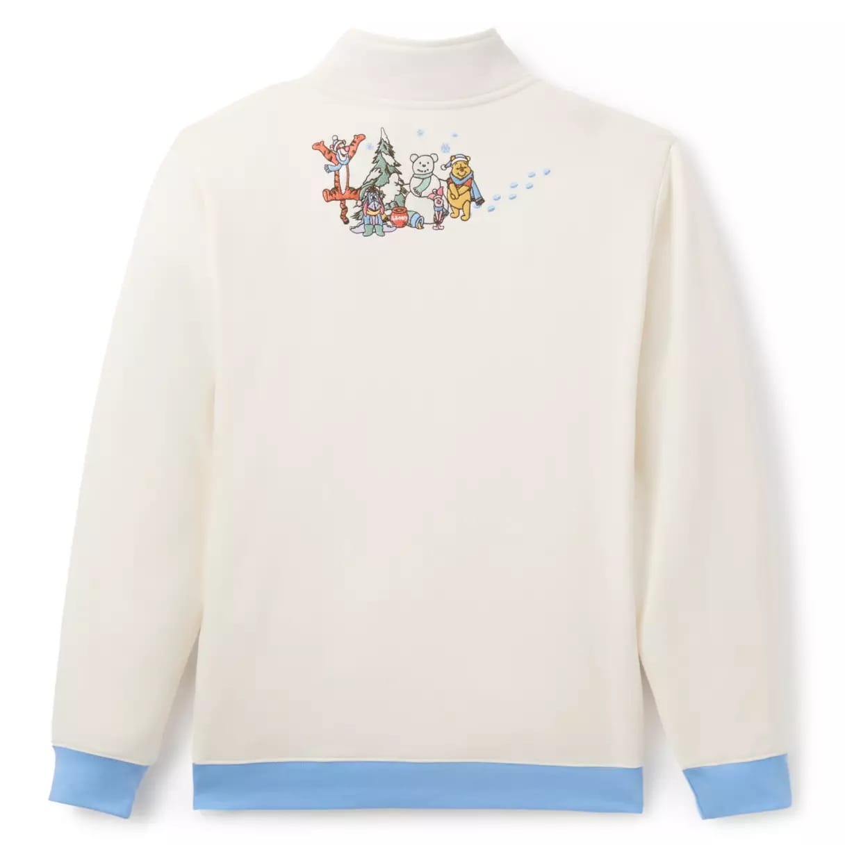 Cream sweater with blue cuffs, featuring Winnie the Pooh characters decorating a small Christmas tree on the upper back.