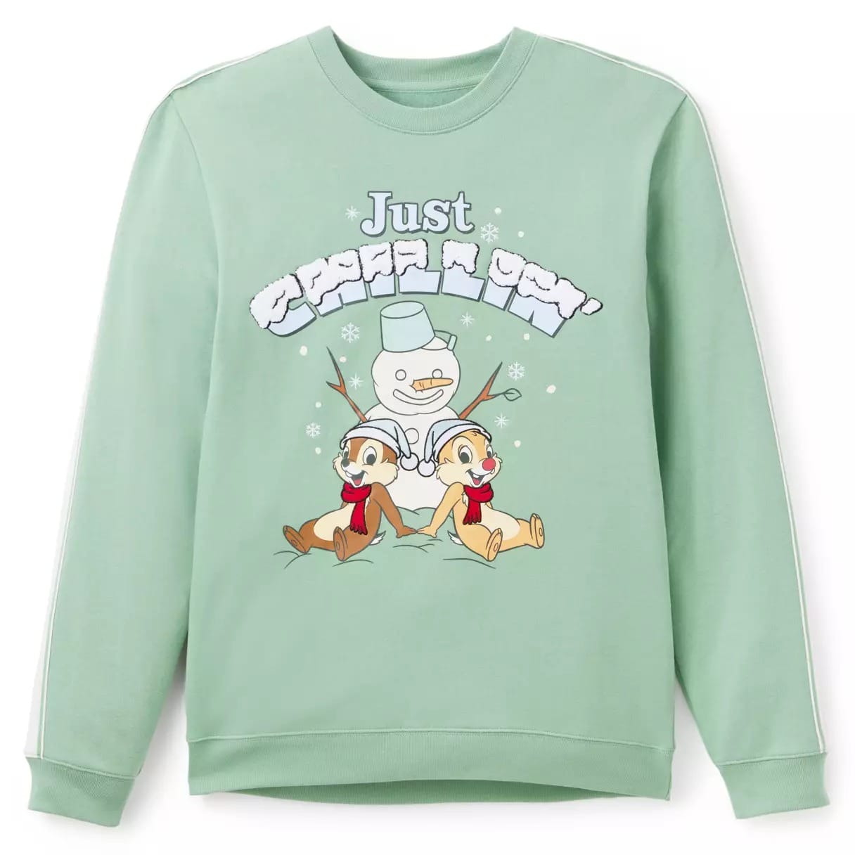 Light green sweatshirt with snowman, two cartoon reindeer, snowflakes, and text reading "Just Chillin'.
