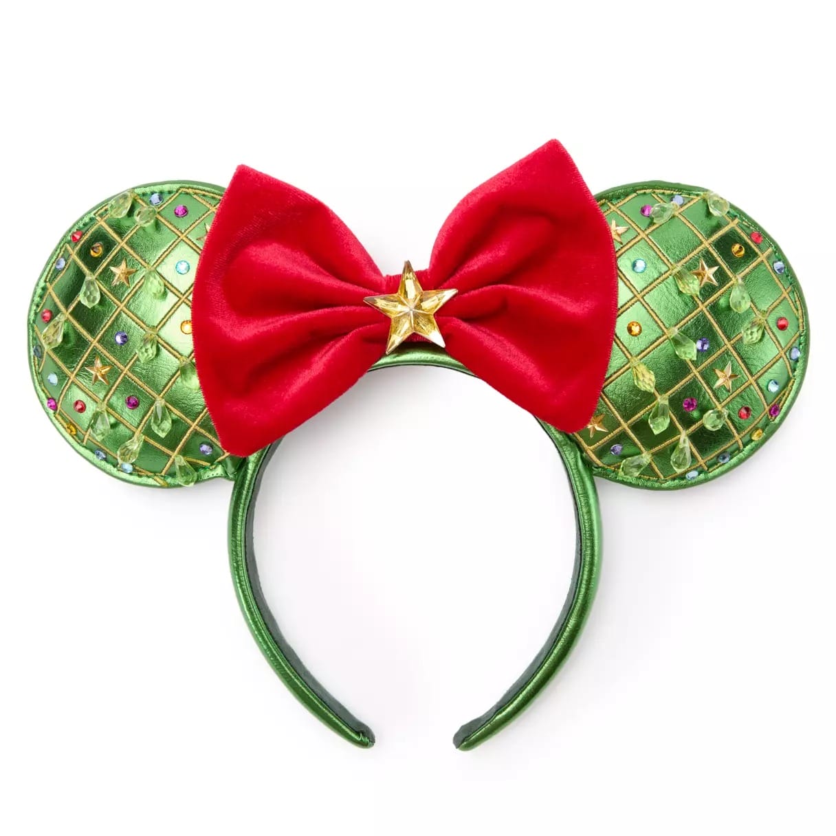 Green headband with round ears decorated like ornaments, red velvet bow, and gold star in the center.