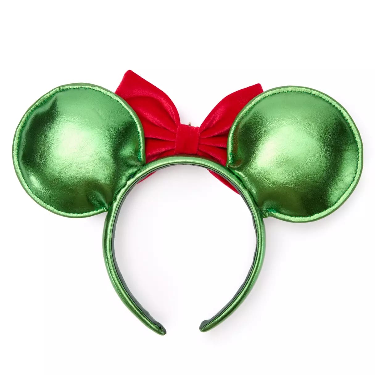 Green metallic mouse ears headband with a red bow in the center, resembling holiday-themed Minnie Mouse ears.