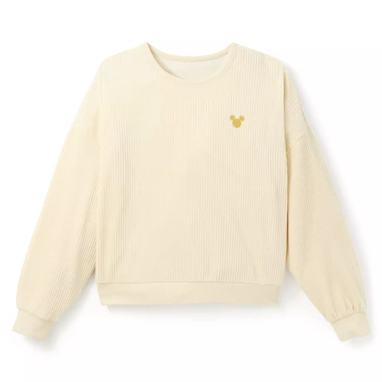 Cream-colored ribbed sweatshirt with long sleeves and a small gold Mickey Mouse head logo on the left chest.
