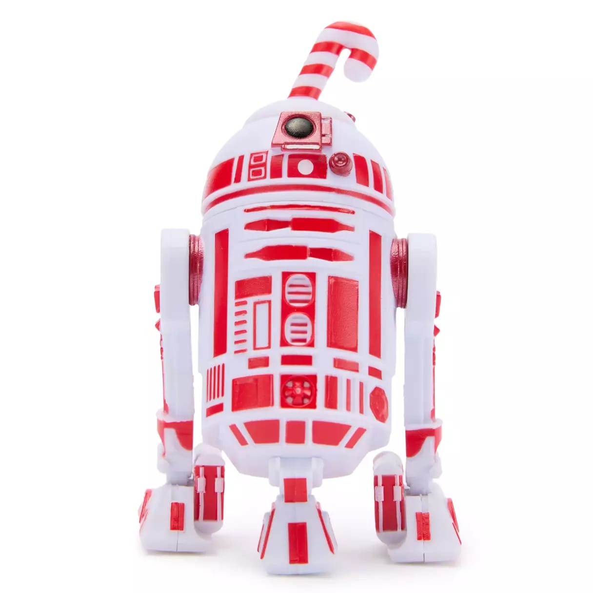 White and red robot droid with candy cane pattern and a candy cane antenna on its head, resembling R2-D2.