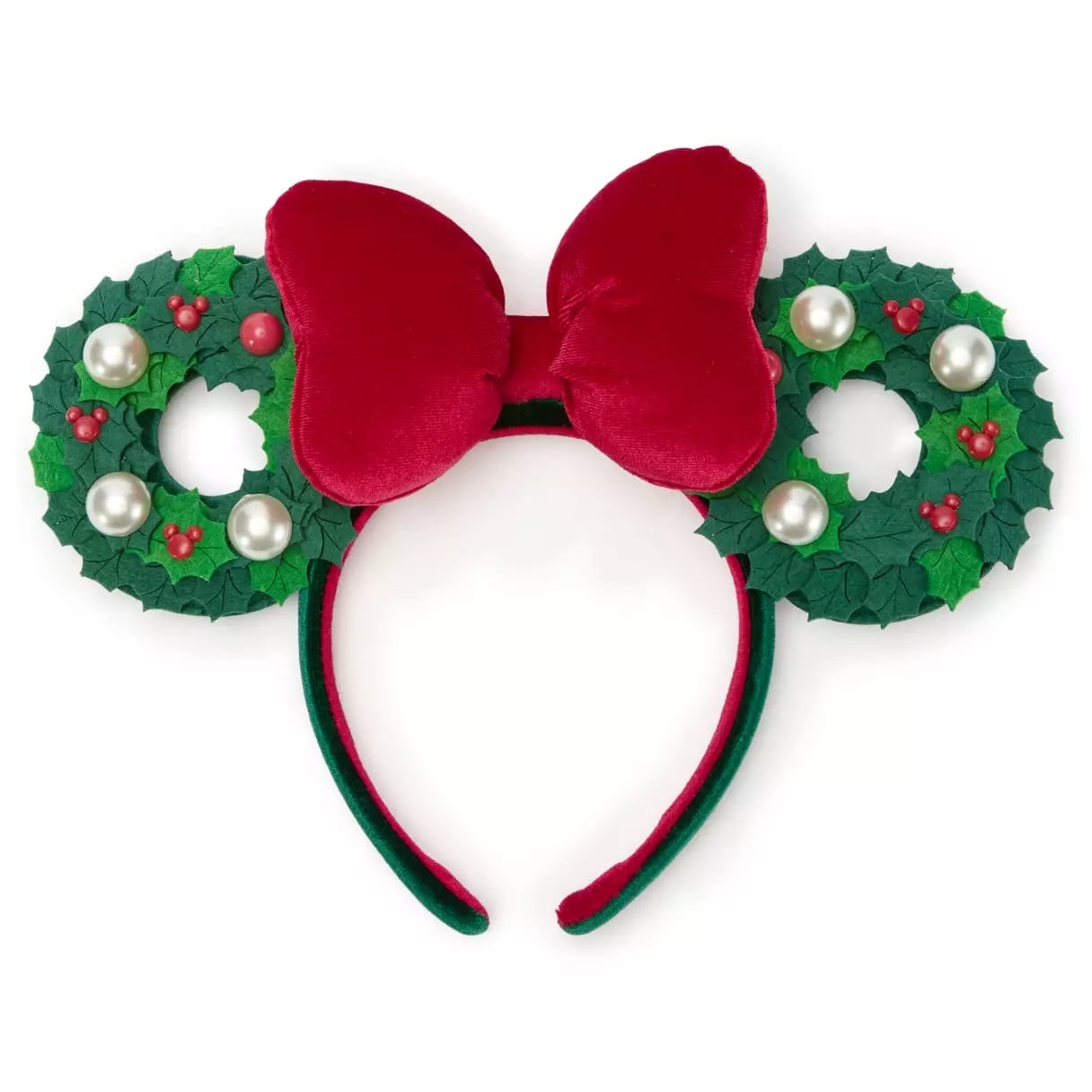 Red headband with two green wreath-shaped ears, decorated with pearls and berries, and a large red velvet bow in the center.