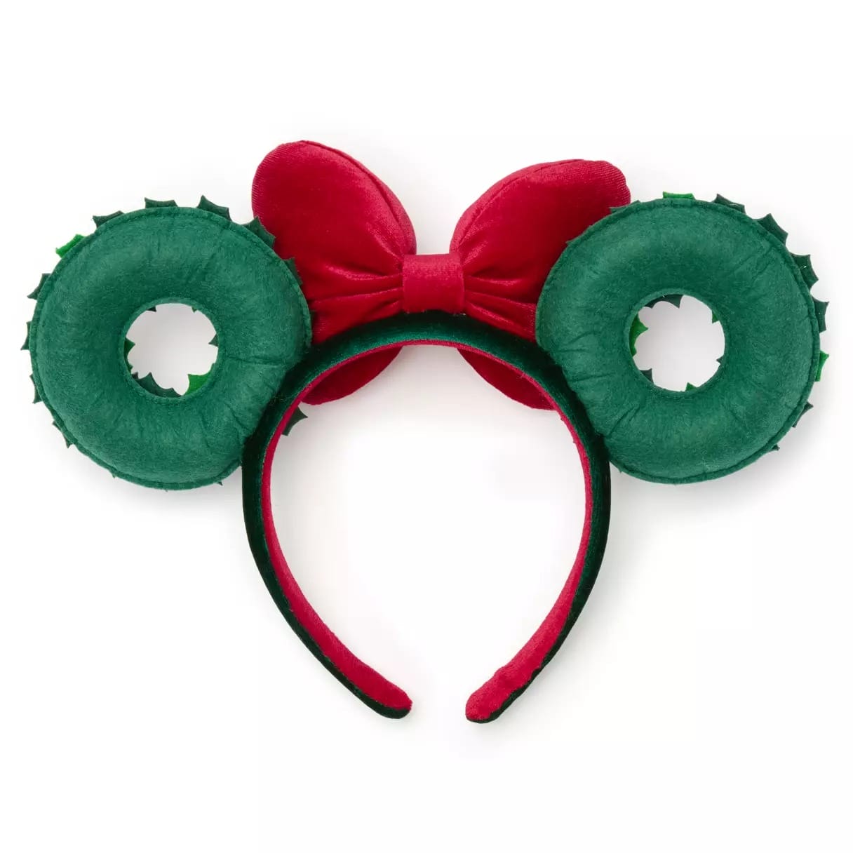 Green cactus-inspired mouse ears headband with a red bow in the center, on a red and green headband.