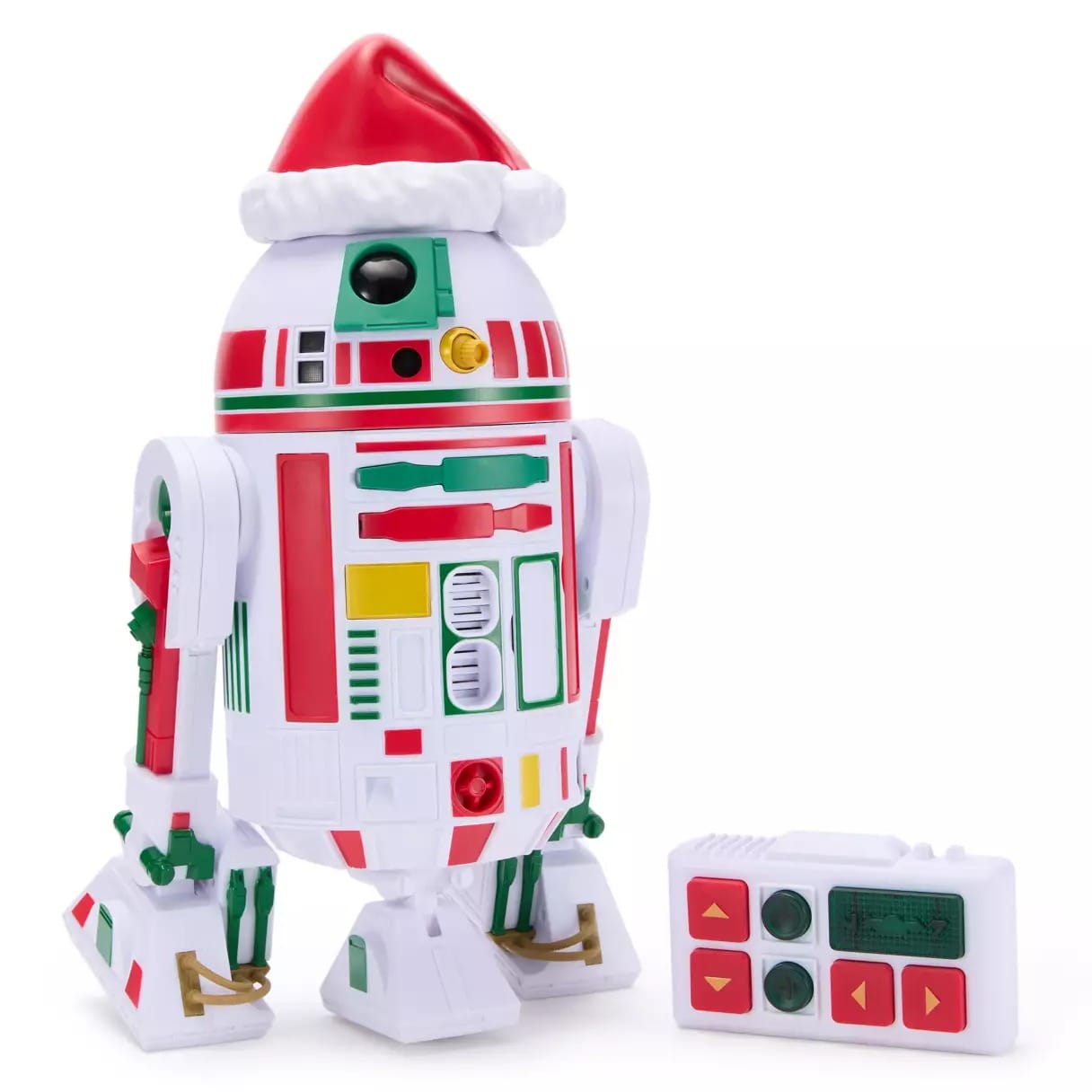 Toy robot inspired by R2-D2 in Christmas colors and Santa hat, next to a matching remote control.