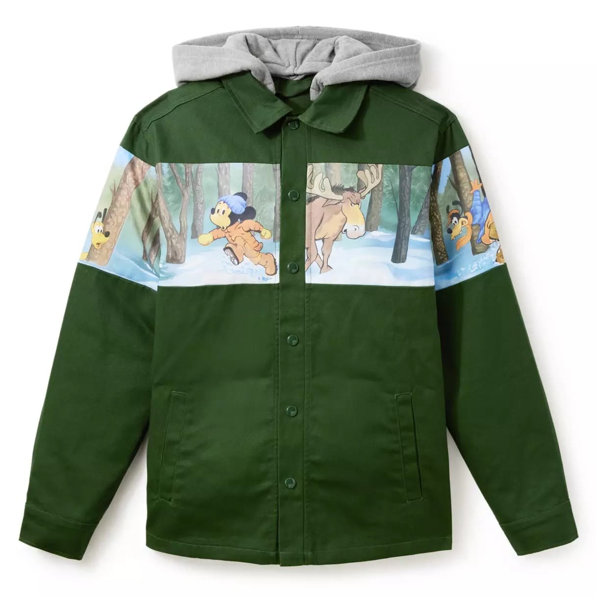 Green jacket with a gray hood and cartoon animal characters running through a snowy forest printed across the chest.