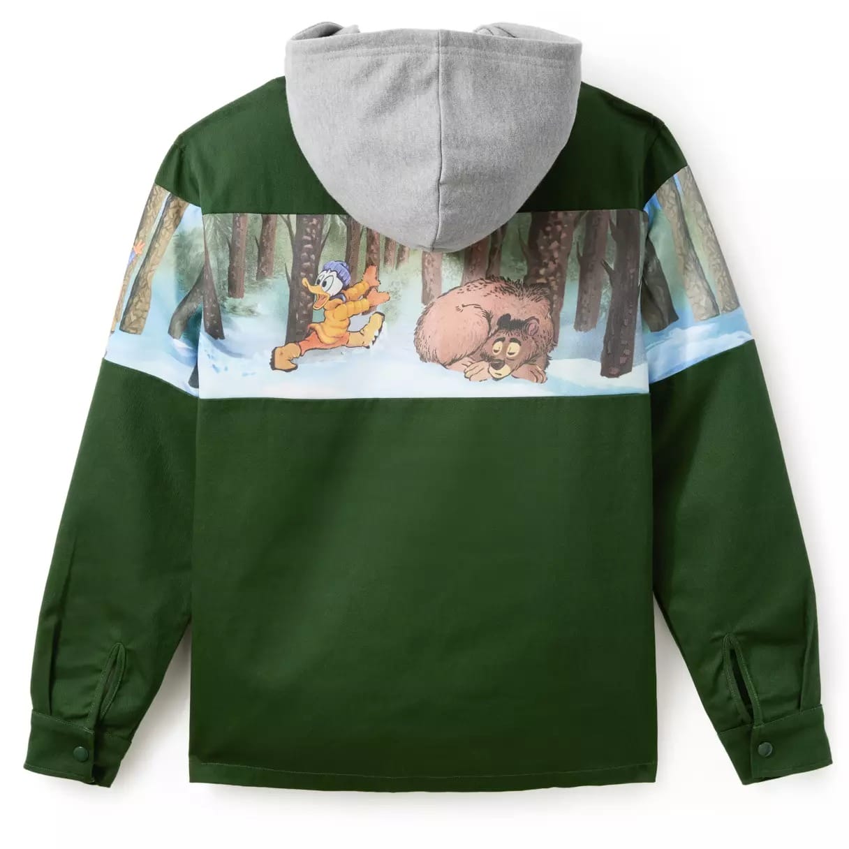 Green jacket with gray hood, featuring cartoon characters running in a snowy forest across the upper back.