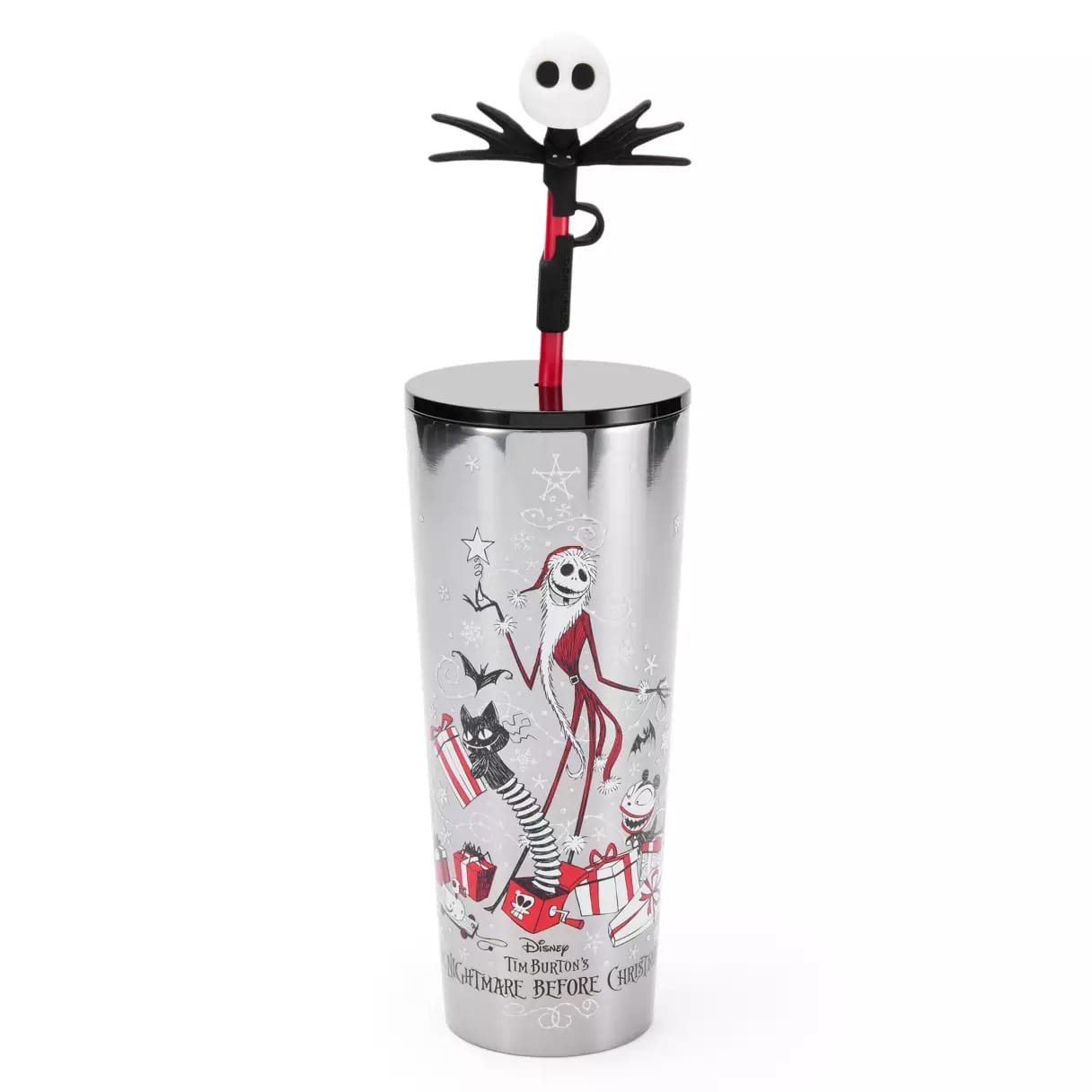 Silver tumbler with "The Nightmare Before Christmas" design and a Jack Skellington straw topper.