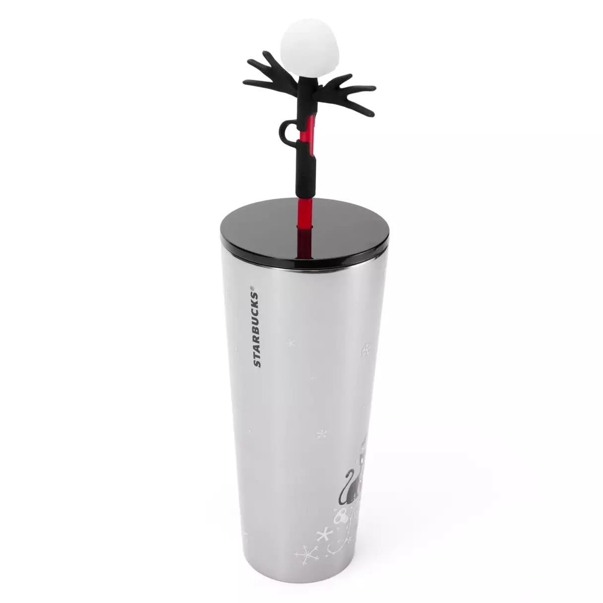 Tall silver Starbucks tumbler with a black lid and a Jack Skellington stirrer featuring black arms and a white head.