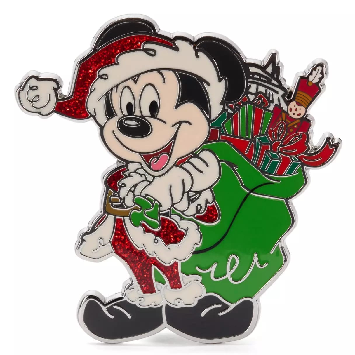 Mickey Mouse in a Santa outfit carrying a green sack filled with Christmas gifts and a candy cane.