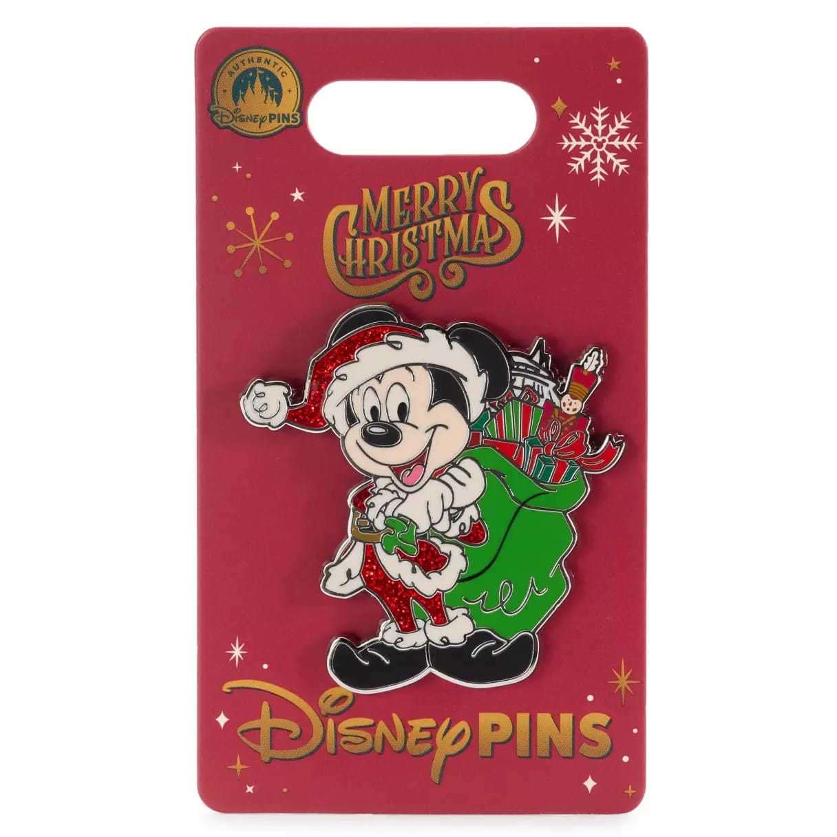 Disney pin of Mickey Mouse dressed as Santa with a green sack of gifts, on a red "Merry Christmas" Disney Pins card.