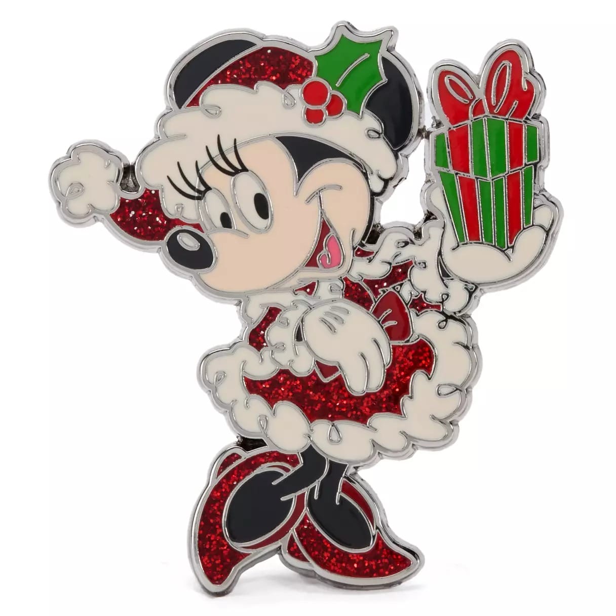 Minnie Mouse dressed in a red glittery Santa outfit, holding a green and red wrapped Christmas present.