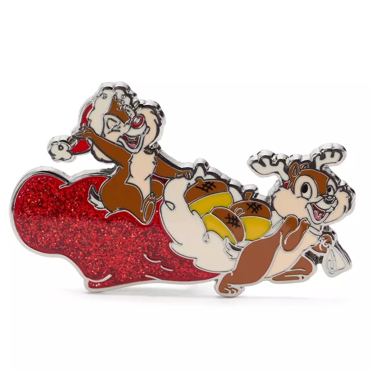 Chip and Dale dressed for Christmas, carrying a red glittery sack filled with acorns and gifts.