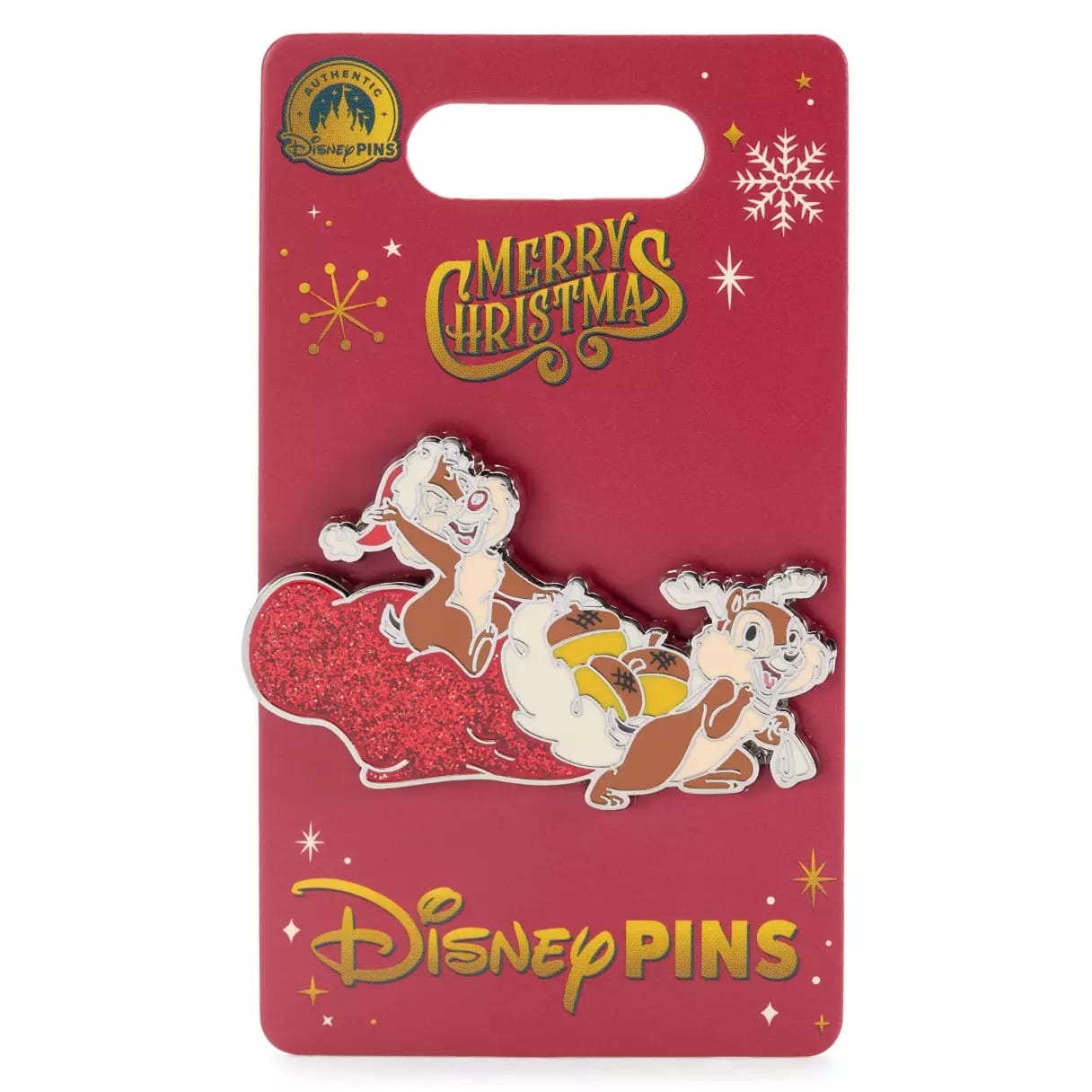Disney enamel pin featuring Chip and Dale with a red glittery Santa sack on a red "Merry Christmas" card backing.