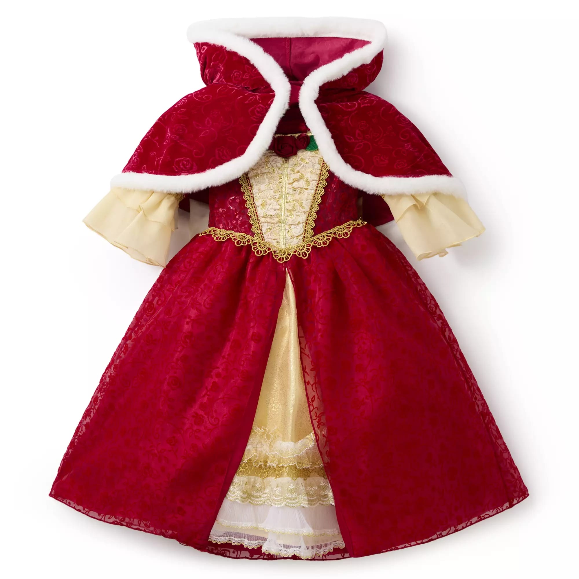 Child’s red and gold princess dress with a white fur-trimmed hooded cape and lace details.