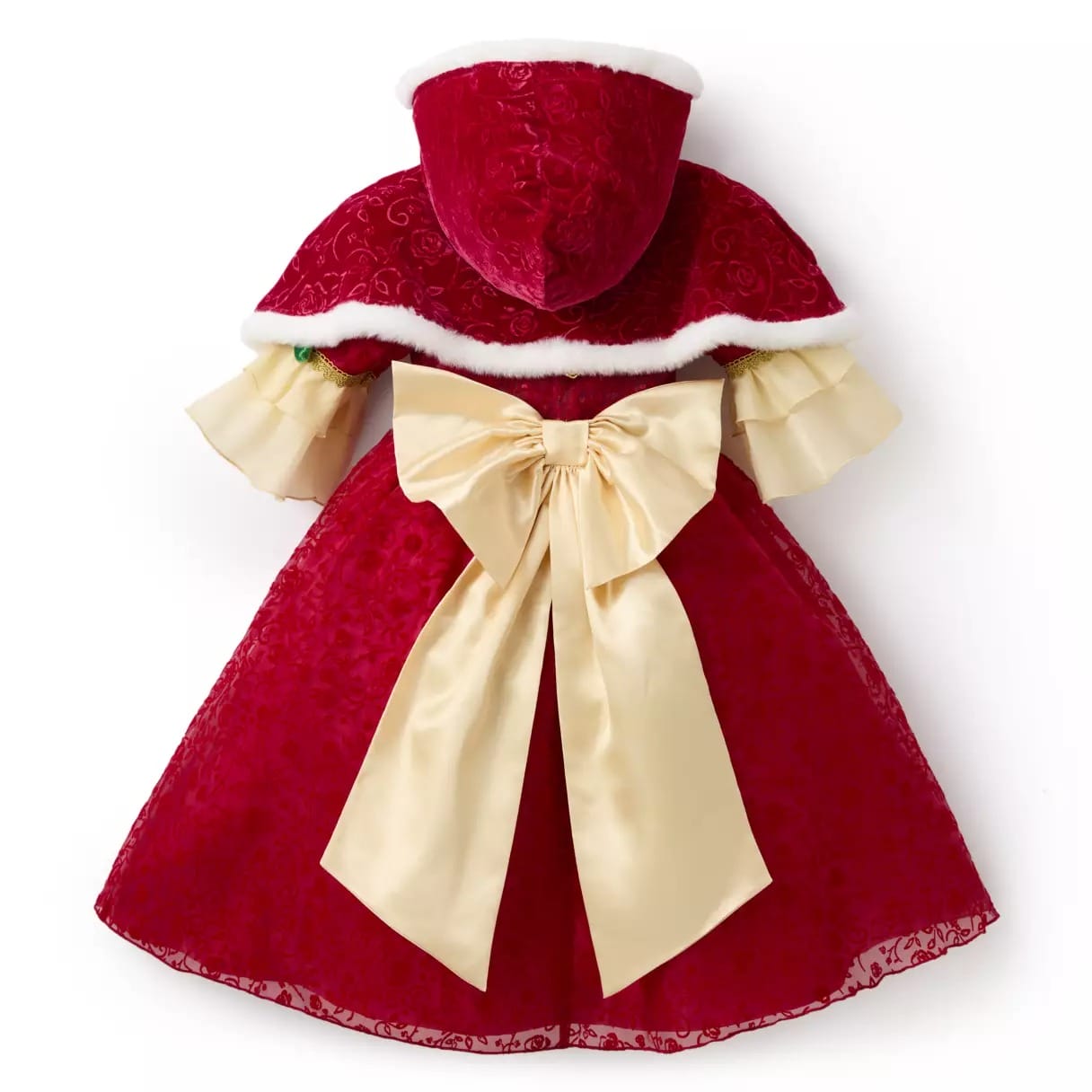 Red velvet girl's dress with gold bow, cream ruffled sleeves, and a matching hooded cape trimmed in white fur.
