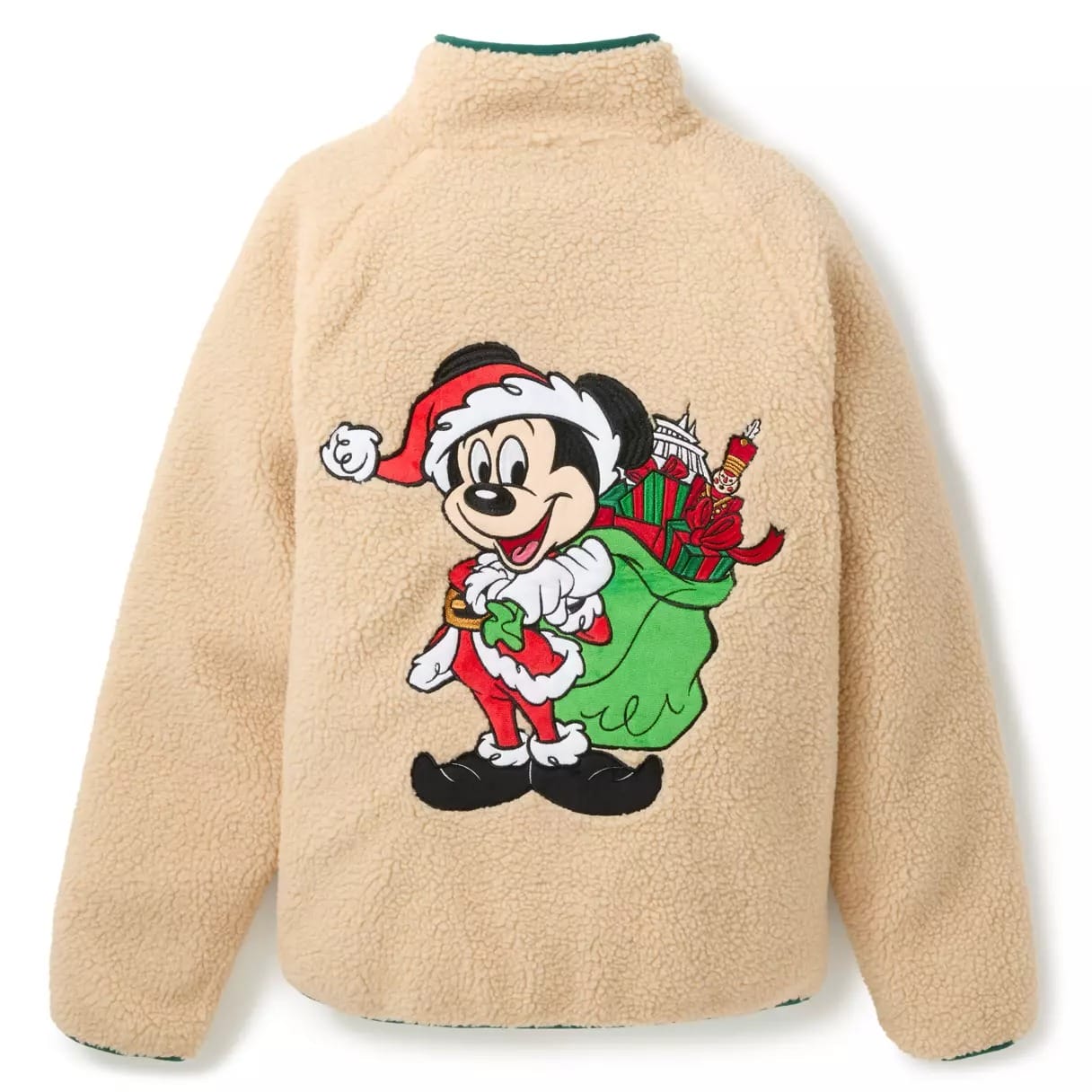 Tan fleece pullover featuring Mickey Mouse in a Santa outfit carrying a green sack of Christmas presents.