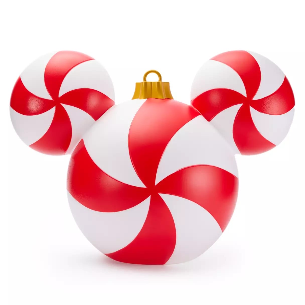 Red and white peppermint ornament shaped like Mickey Mouse’s head with a gold loop on top, on a white background.