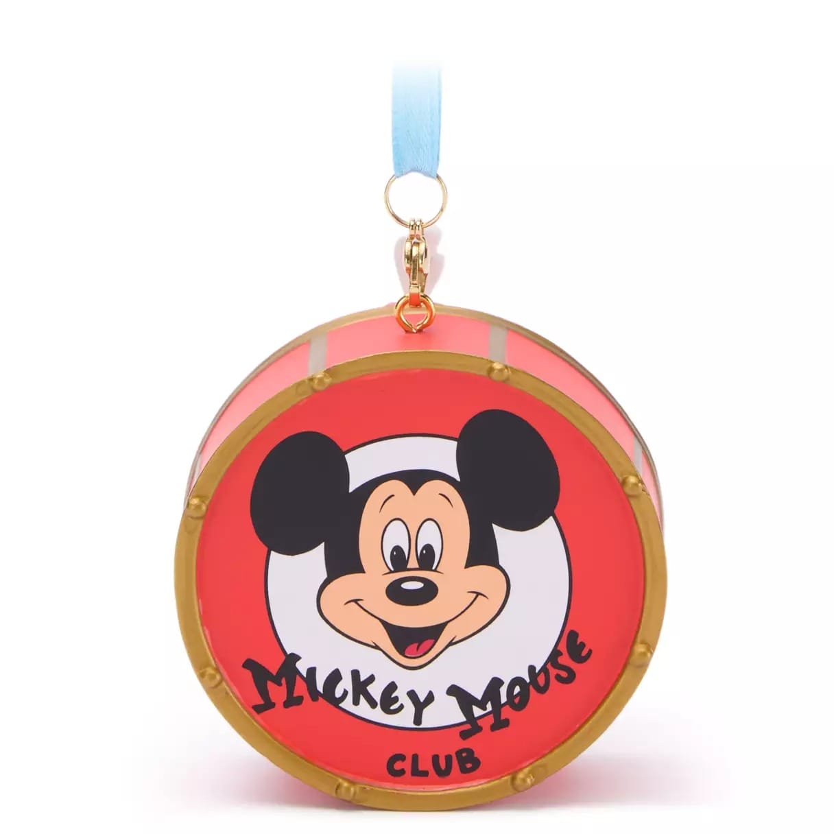 Round ornament with Mickey Mouse’s face, "Mickey Mouse Club" text, and a blue ribbon for hanging.