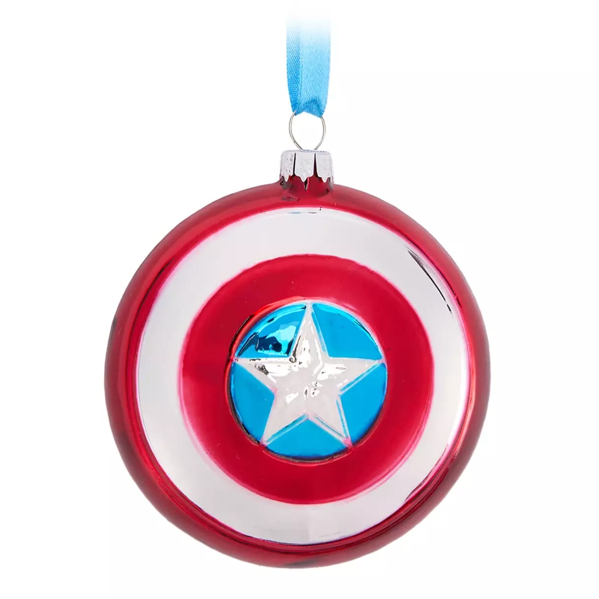 A round Christmas ornament designed like Captain America's shield, with red, white, and blue rings and a silver star.