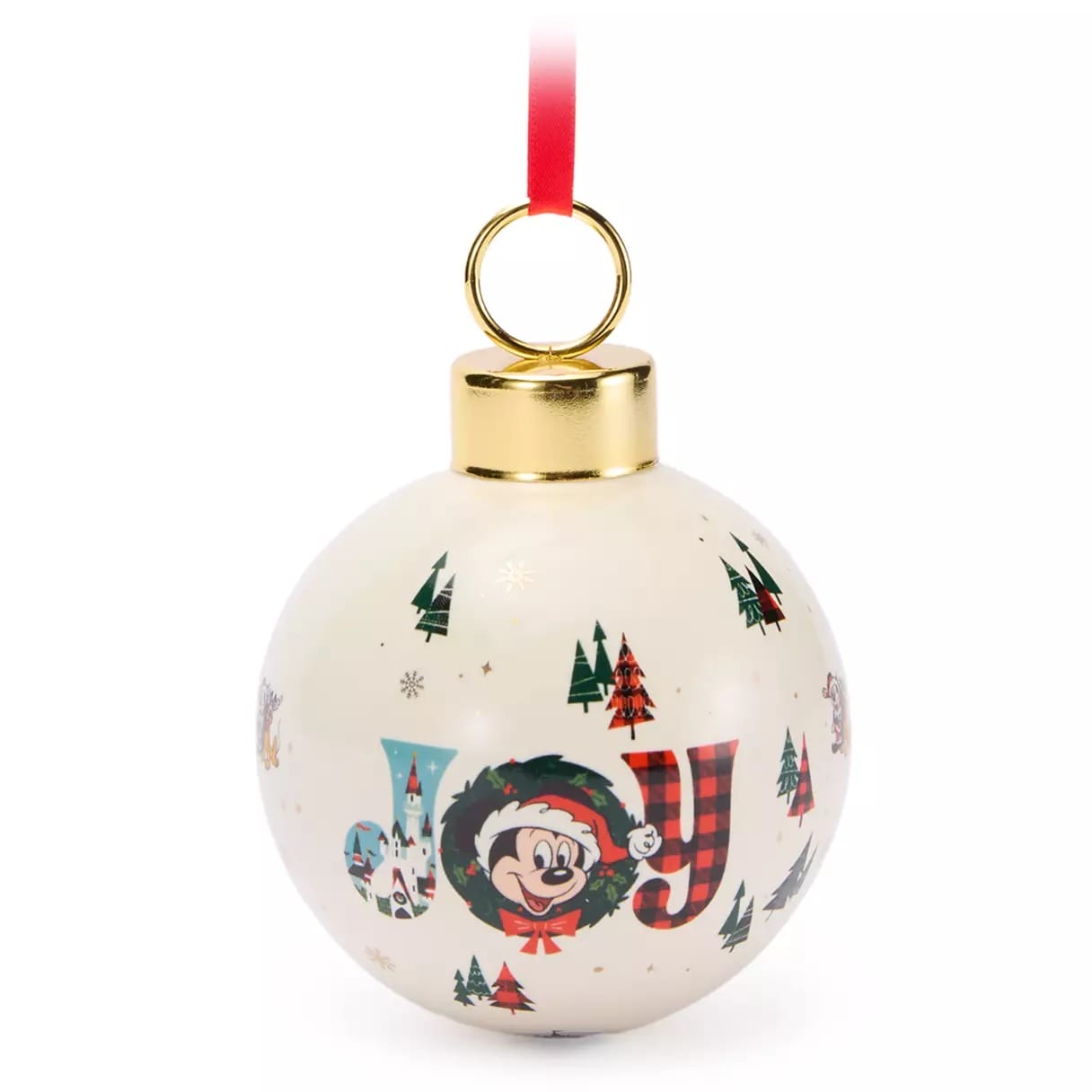 White Christmas ornament with "JOY," featuring Mickey Mouse's face as the "O," decorated with trees and a red ribbon.