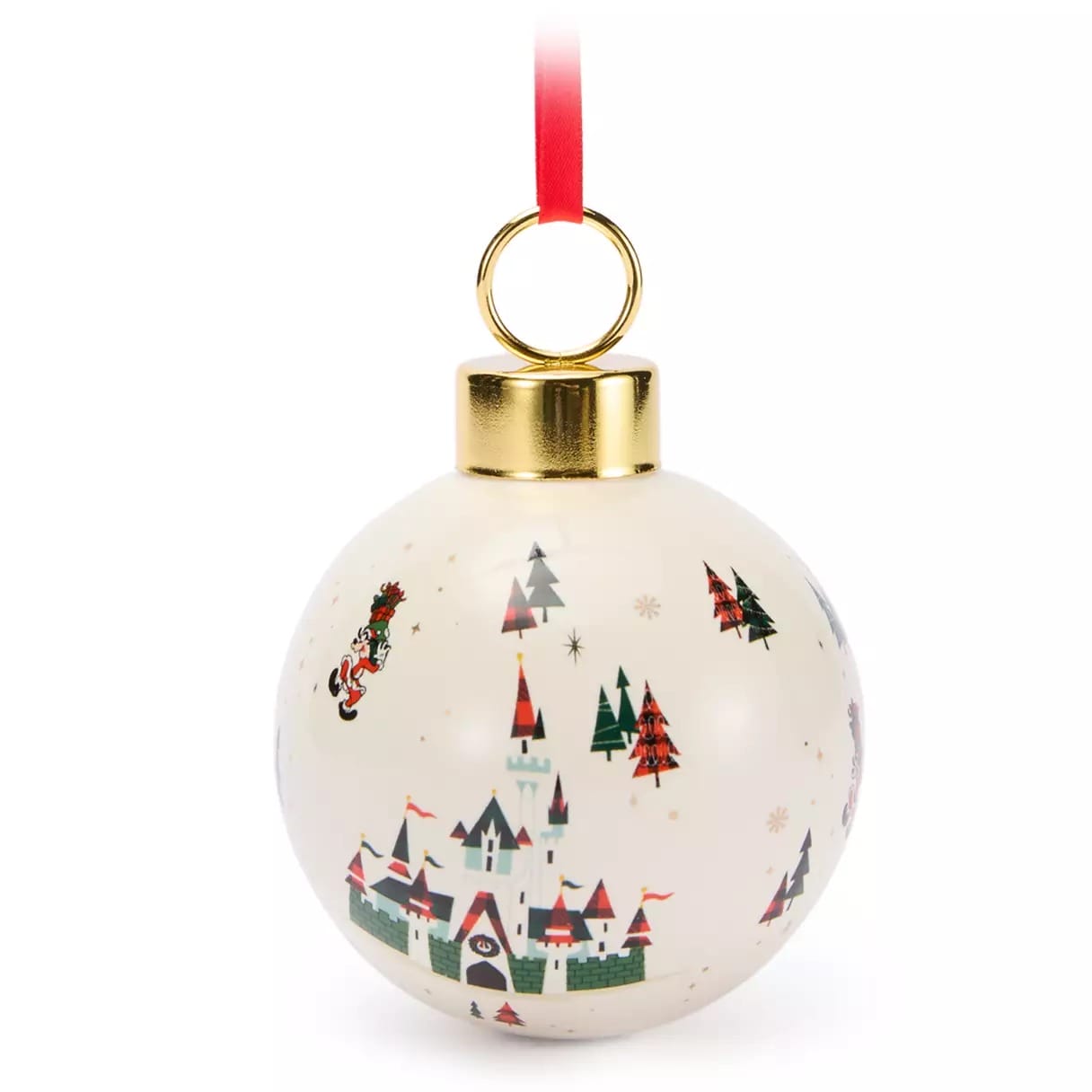 Round Christmas ornament with a castle, trees, and Santa design, topped with a gold cap and red hanging ribbon.