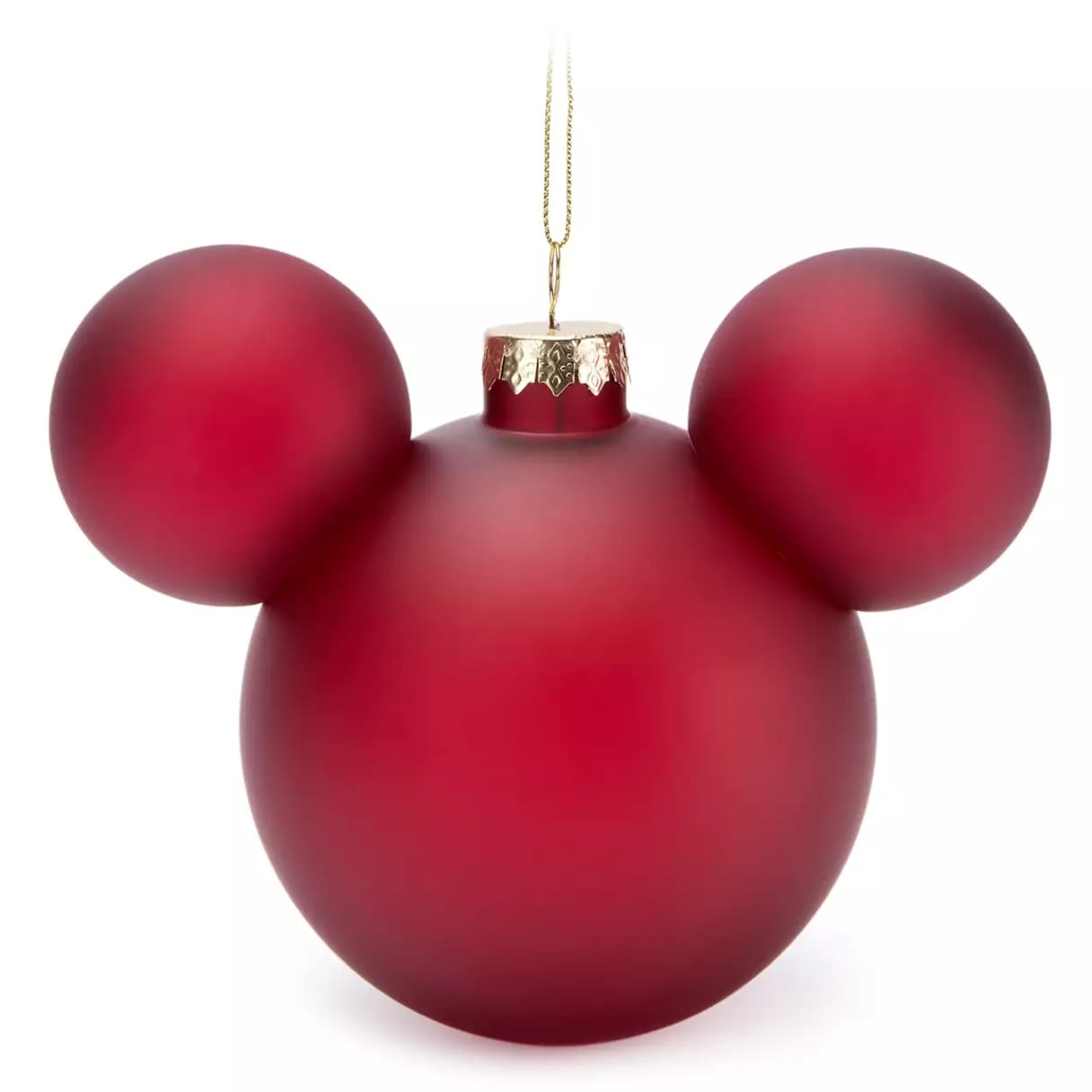 Red Christmas ornament shaped like Mickey Mouse's head, with gold hanging loop against a white background.
