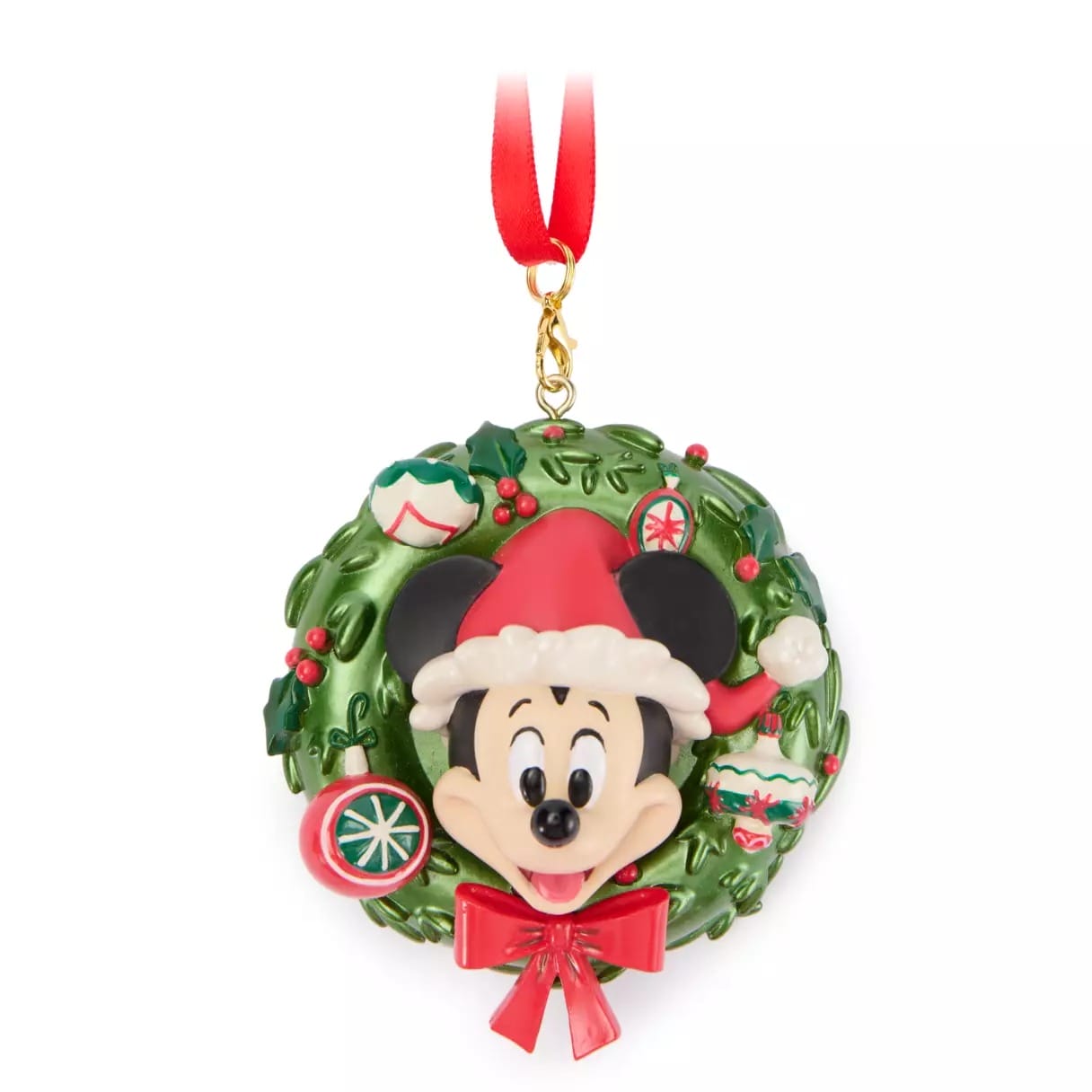 Christmas wreath ornament with Mickey Mouse in a Santa hat, red bow, and festive decorations, hanging by a red ribbon.