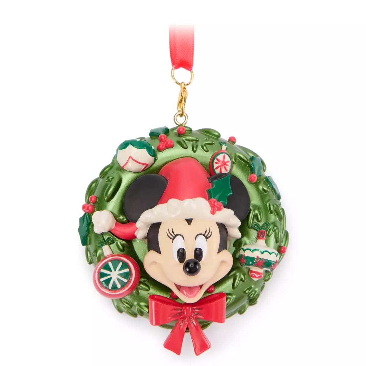 Minnie Mouse in a Santa hat on a festive wreath Christmas ornament with ornaments and a red bow.