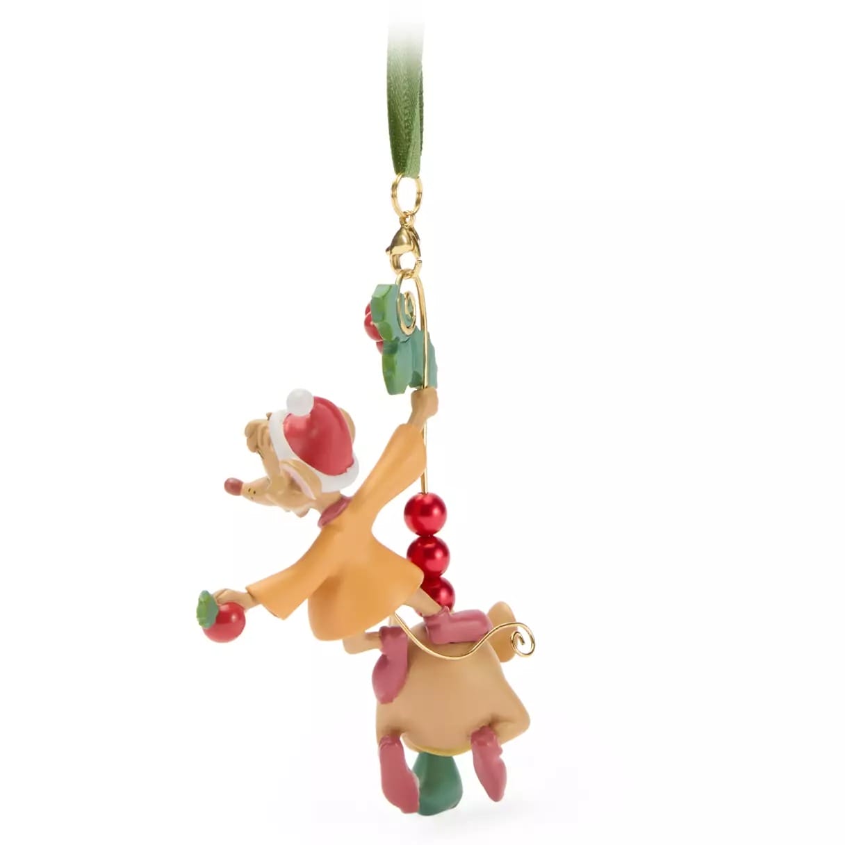 Cartoon mouse in a Santa outfit holds an ornament and mistletoe, hanging from a gold hook with red beads.