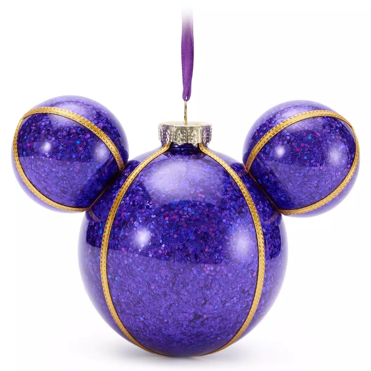 Purple glittery ornament shaped like Mickey Mouse’s head with gold stripes and a purple ribbon for hanging.