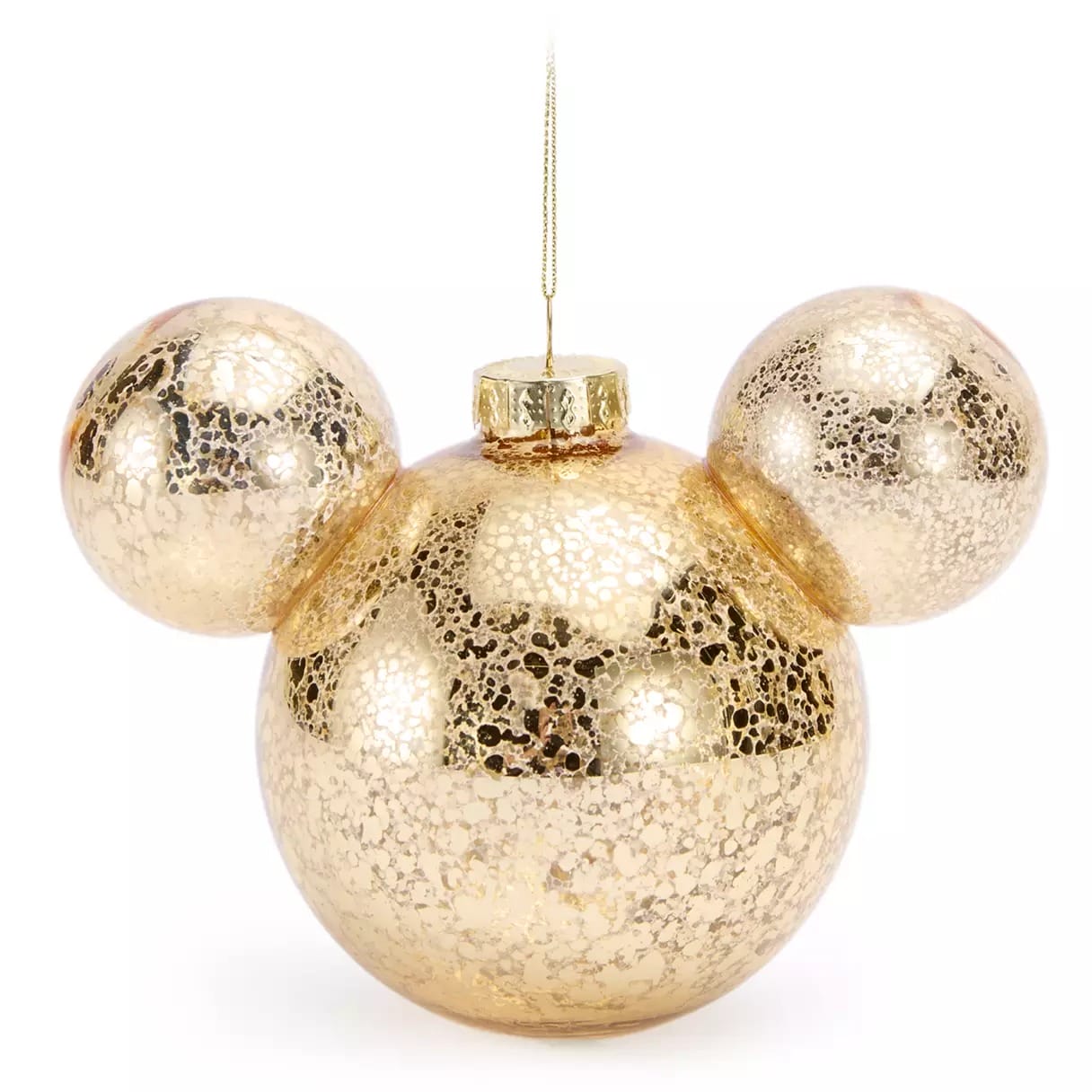 Gold Christmas ornament shaped like Mickey Mouse’s head with a shiny, speckled pattern and a hanging string on top.