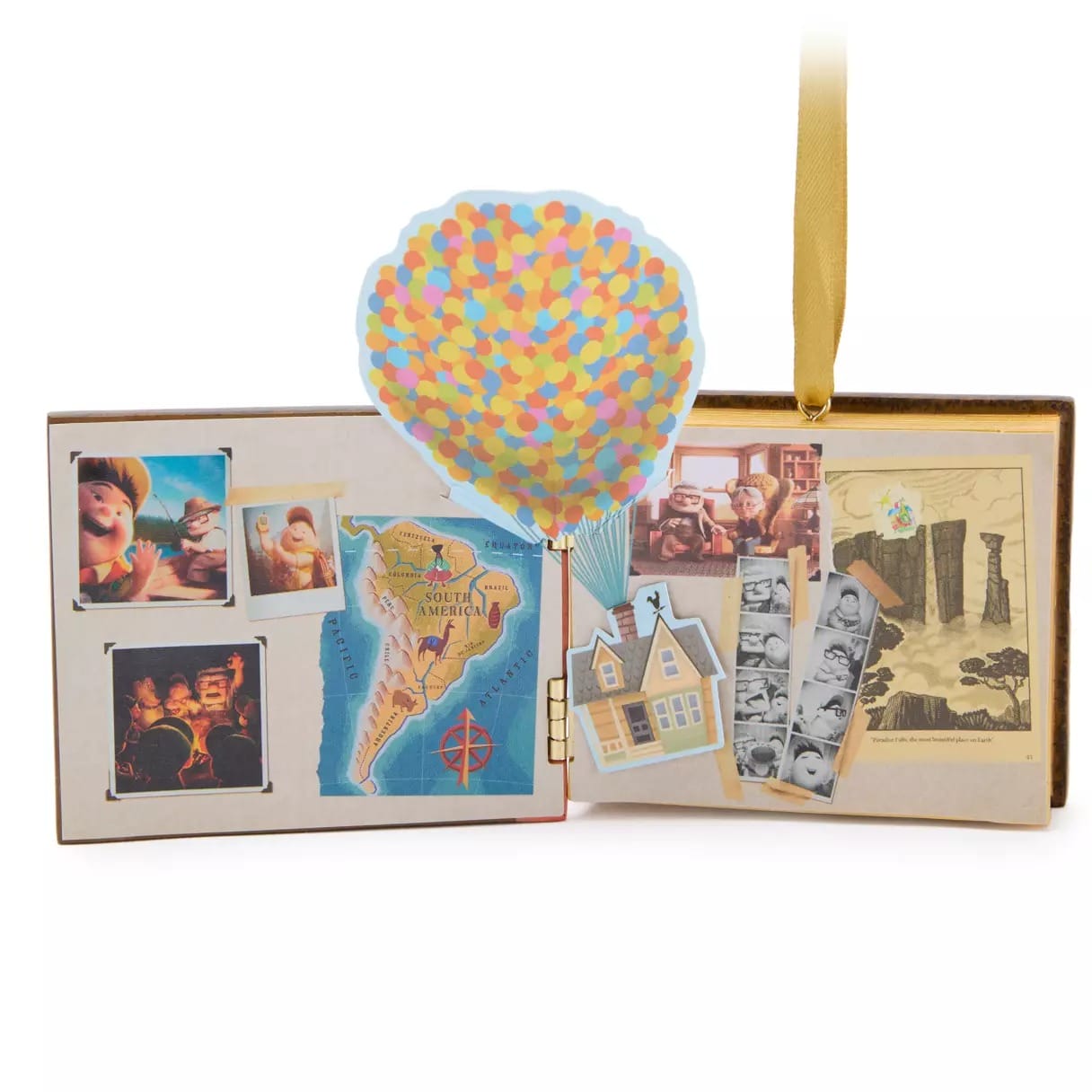 Scrapbook-style ornament featuring photos, a South America map, a photo booth strip, and a balloon cluster.