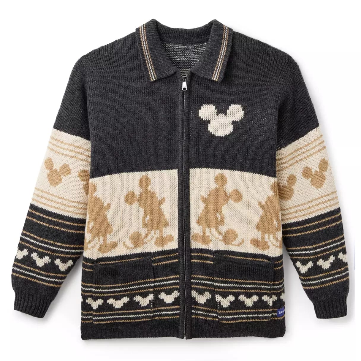 A black and beige knit cardigan with a zipper, Mickey Mouse silhouettes, and two front pockets.