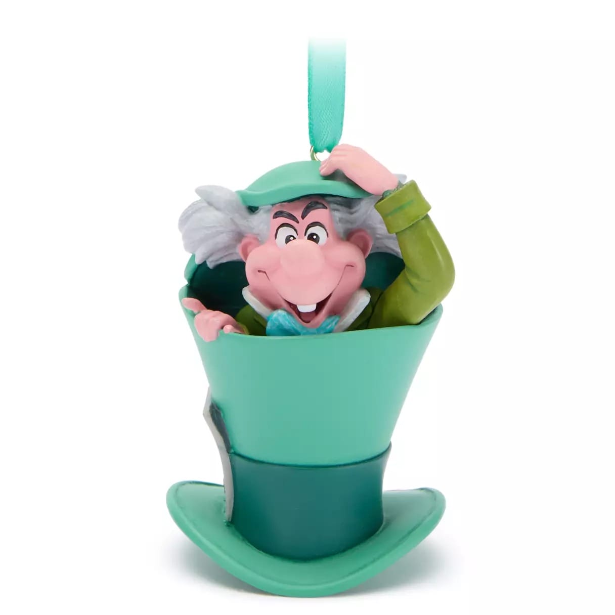 Cartoon mad hatter character popping out of a large green hat ornament with a teal ribbon for hanging.