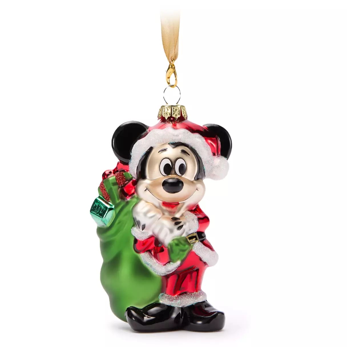 Christmas ornament of a cartoon mouse dressed as Santa Claus, holding a green sack, with a gold ribbon for hanging.