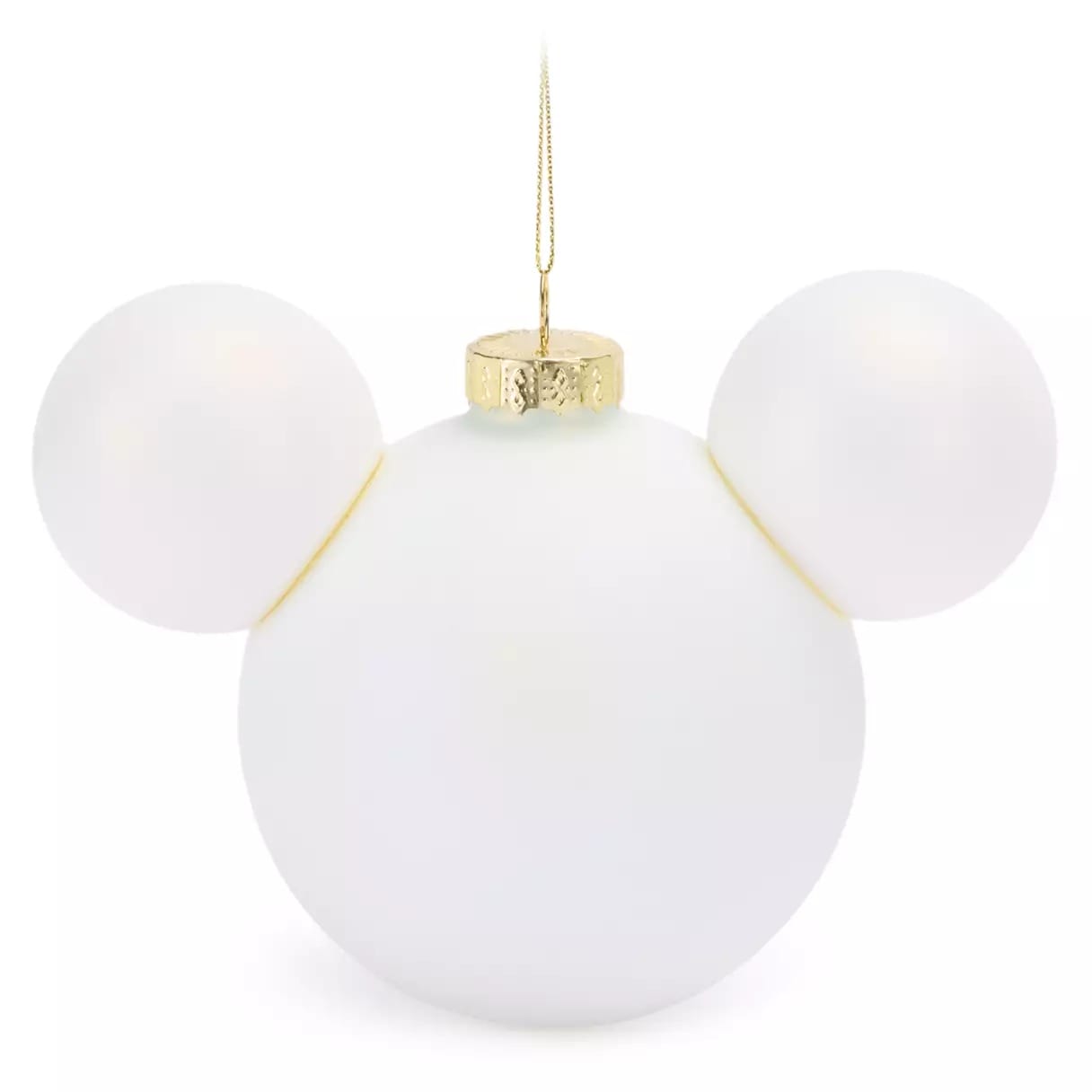 White Christmas ornament shaped like Mickey Mouse’s head with gold cap and hanging string.