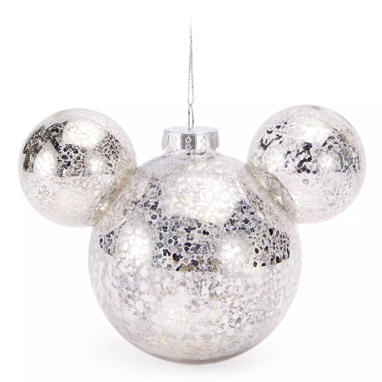 Silver Christmas ornament shaped like Mickey Mouse’s head with a crackled, shiny surface and a hanging string on top.