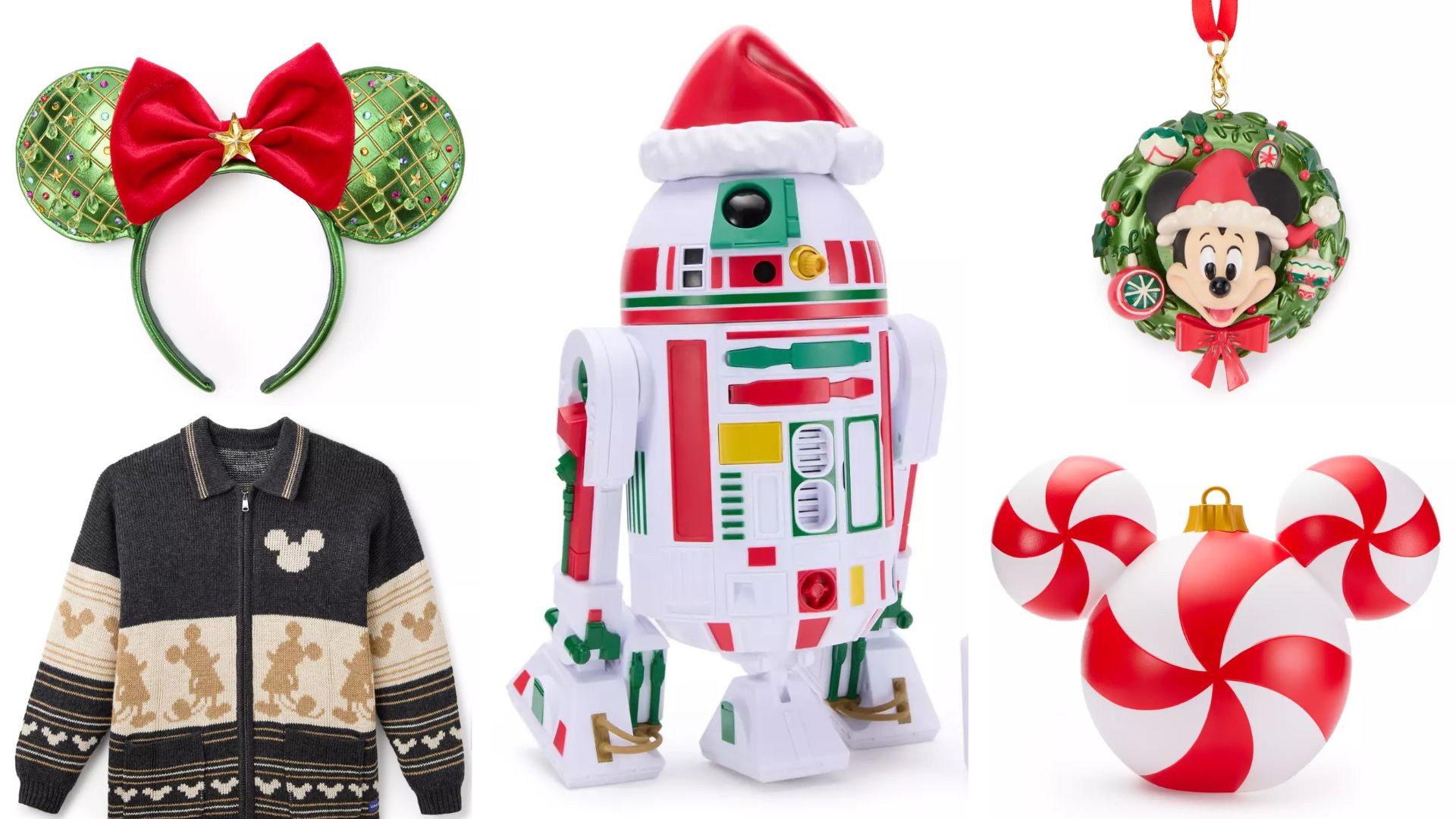 Assorted Disney holiday merchandise, including ears, a sweater, ornaments, and a festive R2-D2 figure.